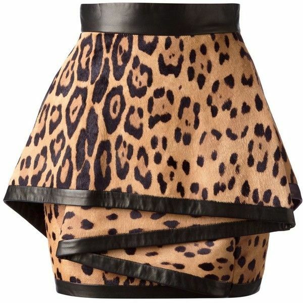 a tan leopard print skirt with black leather trim.