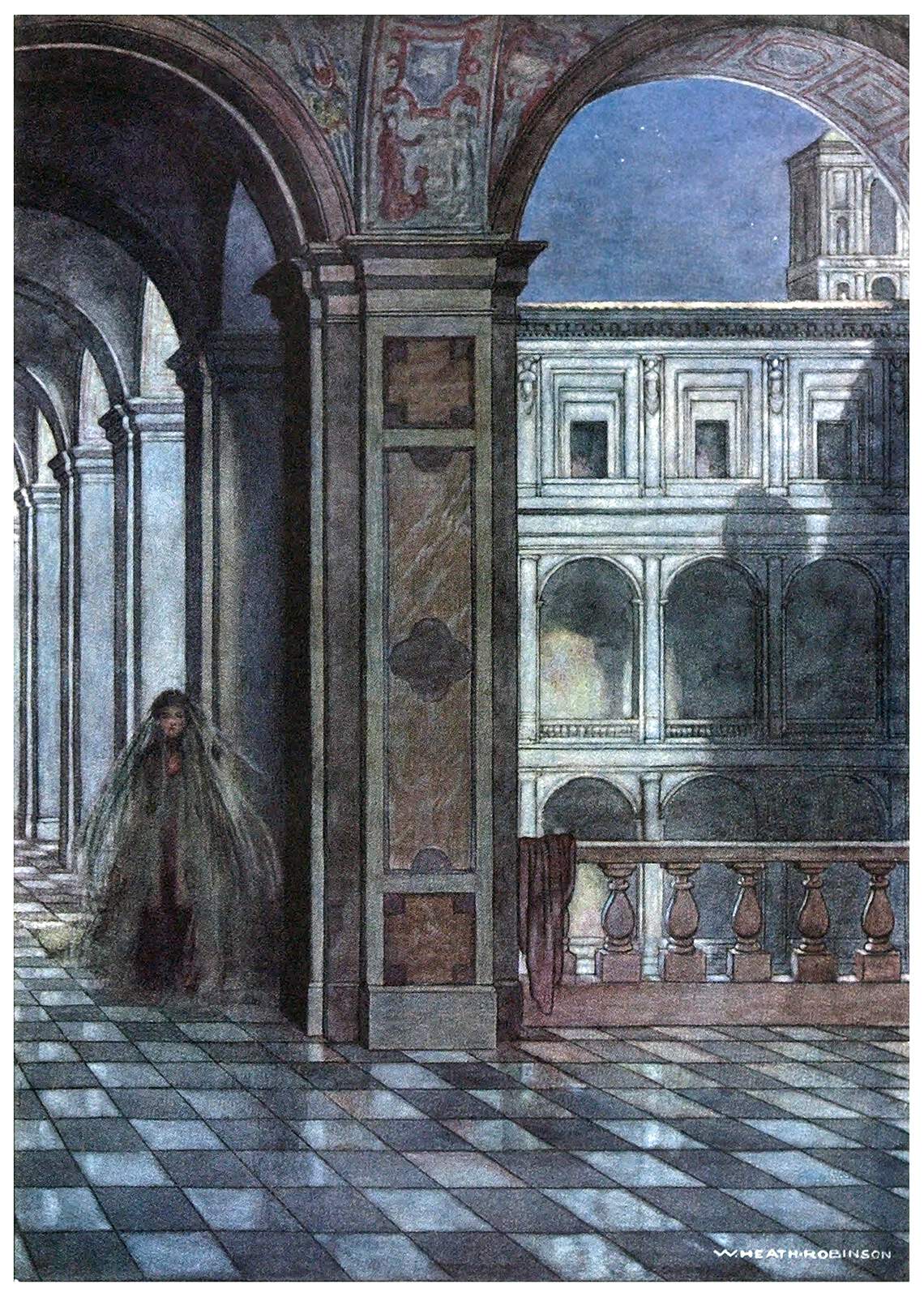 the image is an illustration of an interior space with architectural details like arches, pillars, and a checkered floor. a woman in a cloak stands in the foreground. the architecture of the building is reminiscent of an old italian palace. the building has a balcony and a tower. the scene is depicted in a painterly style, with prominent shadows and details. the art style is traditional.