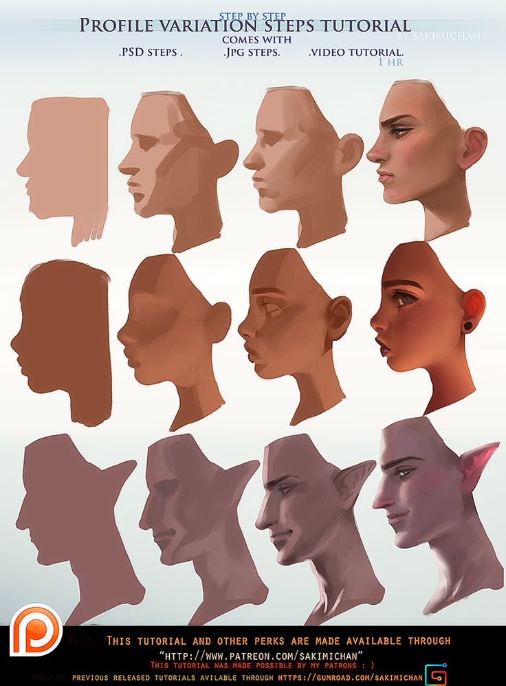 his image is a digital art tutorial showing various profile variations of faces.  the tutorial is titled "profile variation steps tutorial" by sakimichan and is broken down into psd steps, jpg steps, and a video tutorial. the tutorial shows multiple stages of drawing the faces, from simple shapes to more detailed renderings.  different ethnicities and even an elflike profile are depicted. the tutorial is advertised as being available through patreon and gumroad.  the overall style of the artwork is smooth, painterly and stylized.