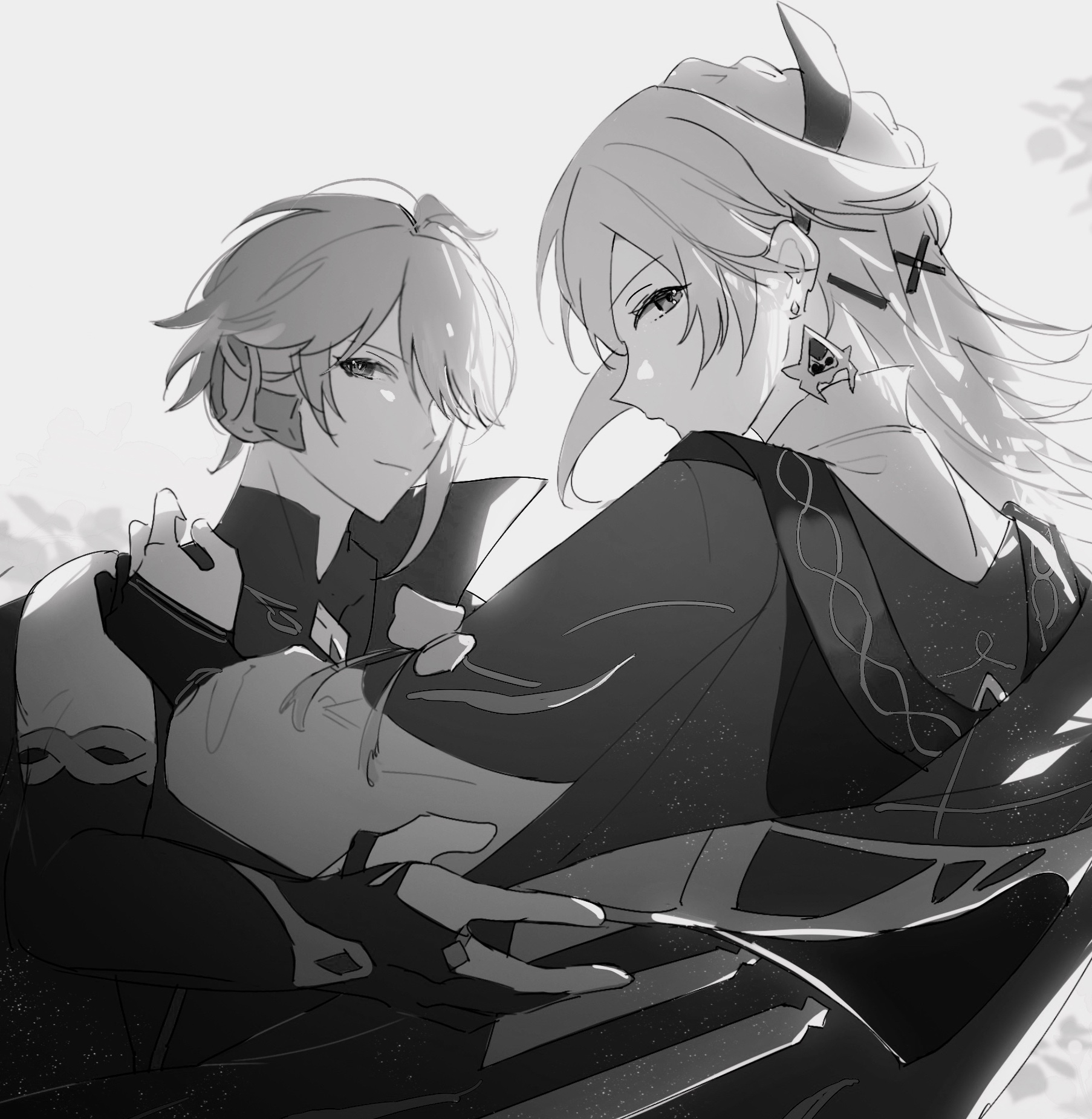 a black and white illustration of two anime characters, albedo and ganyu, in a close embrace. albedo is on the left, with his arm wrapped around ganyu's waist. ganyu is on the right, leaning into albedo's embrace with her eyes closed. the two characters are drawn in a detailed and romantic style. the illustration is set against a simple white background.