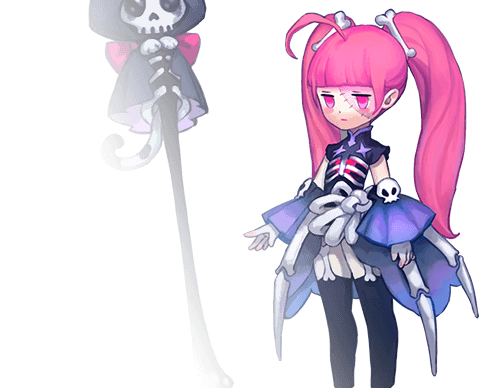 an anime style cartoon girl with pink hair and black dress, she's wearing skull accents, including a skeleton shirt. she's a witch, and has a magic wand made of bones, she's doing magic. the background is black, there is a spooky theme to the image.