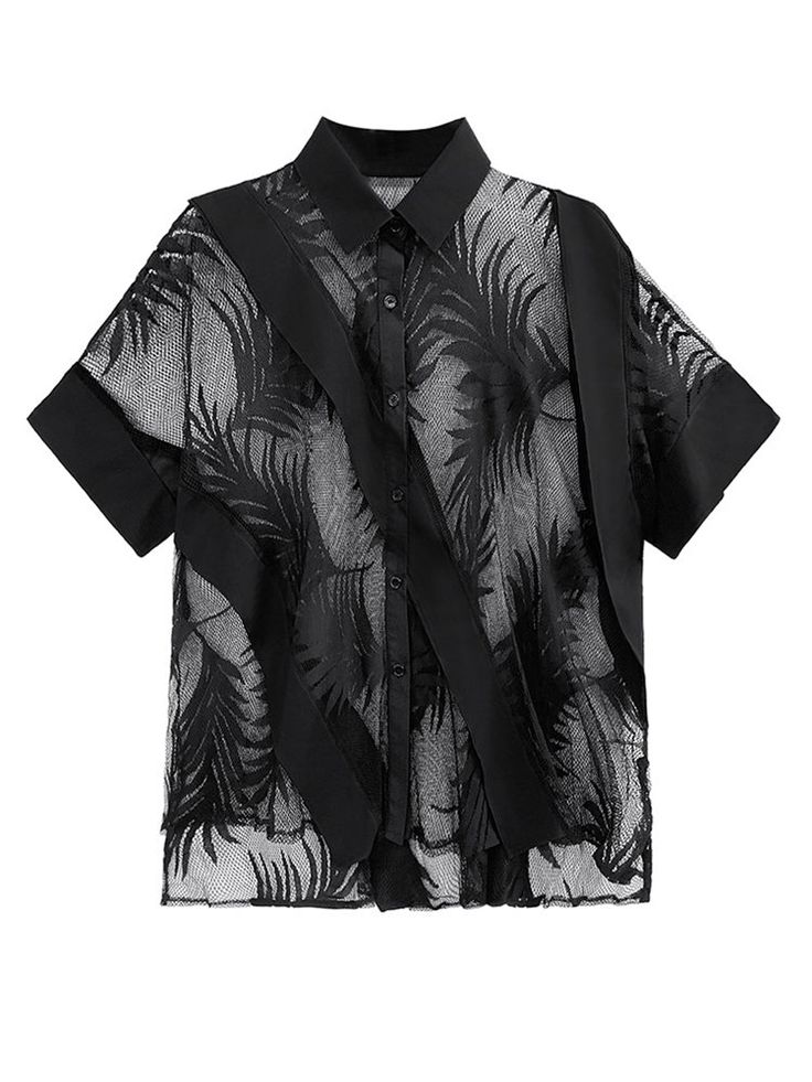 a black, shortsleeved buttondown shirt made of mesh fabric with a leaf pattern is displayed. the shirt has solid black collar, sleeves, and a decorative stripe that runs diagonally across the front. the background is white, isolating the garment.