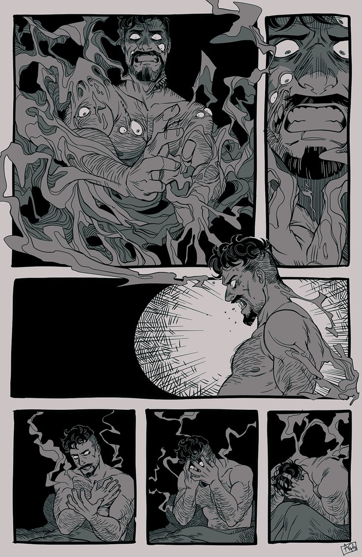 he image is a comic book page or spread, presented in a dark and somewhat disturbing style.  the art is primarily in grayscale with a focus on detailed linework and shading. the main narrative seems to revolve around a man undergoing a horrifying transformation. the first panel shows him seemingly consumed or overtaken by a monstrous, amorphous entity with multiple eyes and faces. the following panels depict the man's struggle and distress, seemingly in various stages of this transformation. his features become distorted and his body is depicted in increasingly agitated and anguished poses. there's a strong sense of unease and psychological horror running throughout the piece, suggesting a descent into madness or a confrontation with inner demons. the style is reminiscent of  graphic novels or comics that explore themes of horror and mental health.