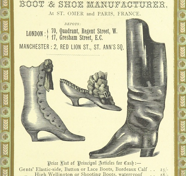 the image showcases a vintage advertisement for a boot and shoe manufacturer with locations in st. omer and paris, france, and depots in london and manchester. three different shoe styles are depicted: a highbuttoned boot, a heeled shoe with a buckle, and a hightop boot with a buckle.  the advertisement lists prices for certain items like "gents' elasticside, button or lace boots" and "high wellington or shooting boots." the overall design is simple, relying heavily on the detailed illustrations of the footwear and bold, decorative text to attract attention.