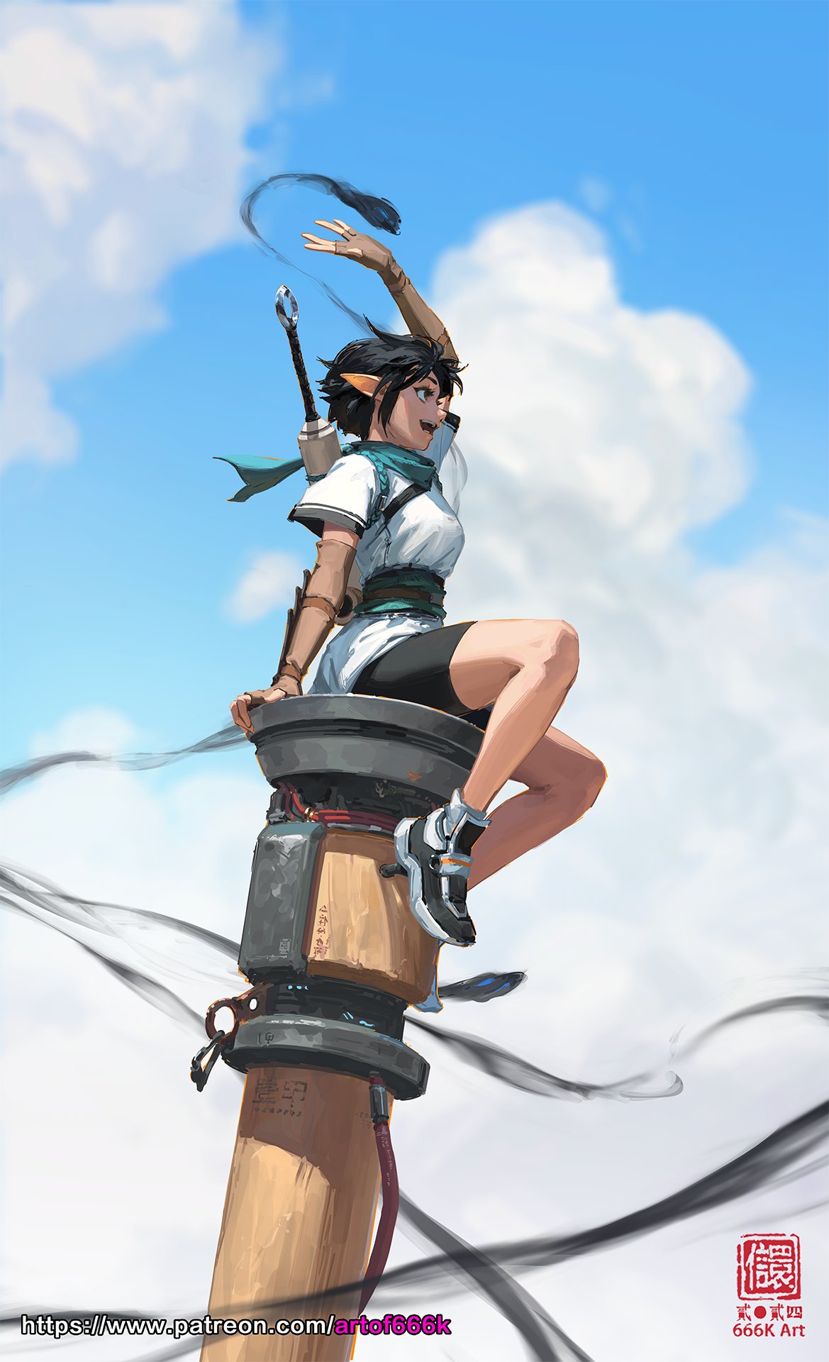 the image is a digital painting of a female anime character with elflike features. she is perched atop a tall wooden post that has a steampunkinspired design.  she is dressed in a stylized fantasy outfit and is holding a sword.  she appears to be in motion, possibly flying, with dark streaks behind her suggesting movement or magic. the background is a bright blue sky with fluffy white clouds. the overall style is vibrant and whimsical, blending fantasy and futuristic elements.  a small artist signature is visible in the bottom right corner.