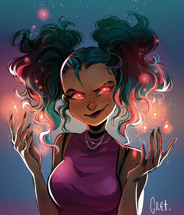 this is a digital painting of a woman with long green and black hair. her hair is in two pigtails, and she is wearing a purple tank top. she has red eyes and a smirk on her face. her hands are outstretched, and there are red sparks and sparkles around them. she appears to be casting a magic spell.  the background is a dark blue with white sparkles.