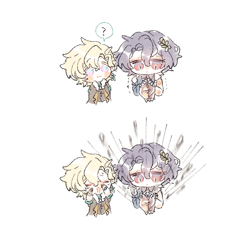 he image contains two panels of a chibistyle anime illustration. each panel features two boys, one with blonde hair and the other with purple hair.  in the first panel, the blondehaired boy looks curiously at the purplehaired boy who is holding a small package. in the second panel, the purplehaired boy is seemingly overwhelmed by something emanating from the package in a dramatic, stylized explosion of grey lines. the blondehaired boy in the second panel looks surprised.  the style is soft, pastelcolored, and has a light, whimsical quality.