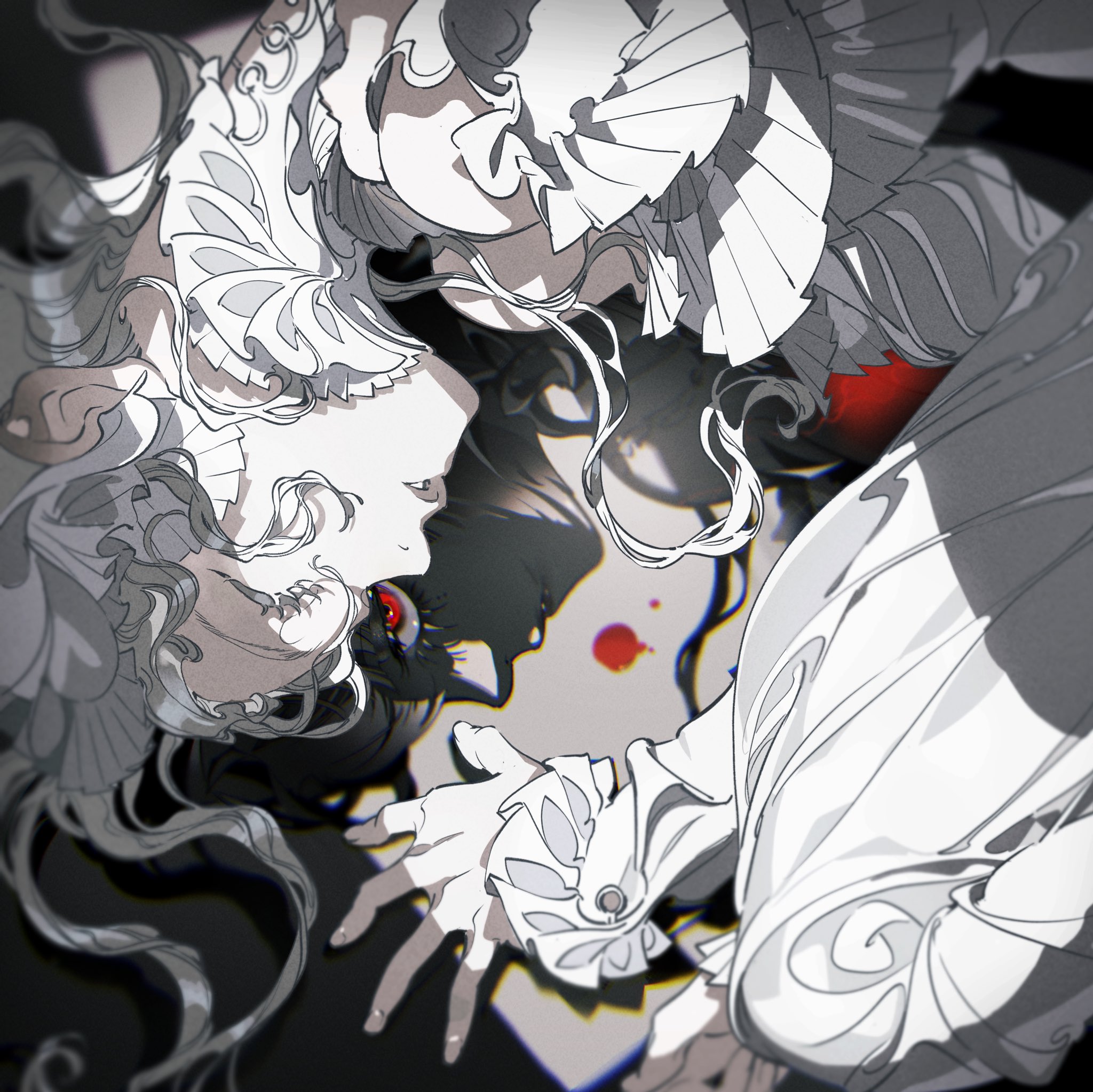 the image showcases a grayscale illustration of a woman with flowing white hair adorned in a frilly, ornate attire.  she appears to be collapsing or reaching towards a mirror image of herself, marked by a single, stark red bloodstain. the art style leans towards a gothic and macabre aesthetic, emphasized by the dramatic lighting and flowing fabric.