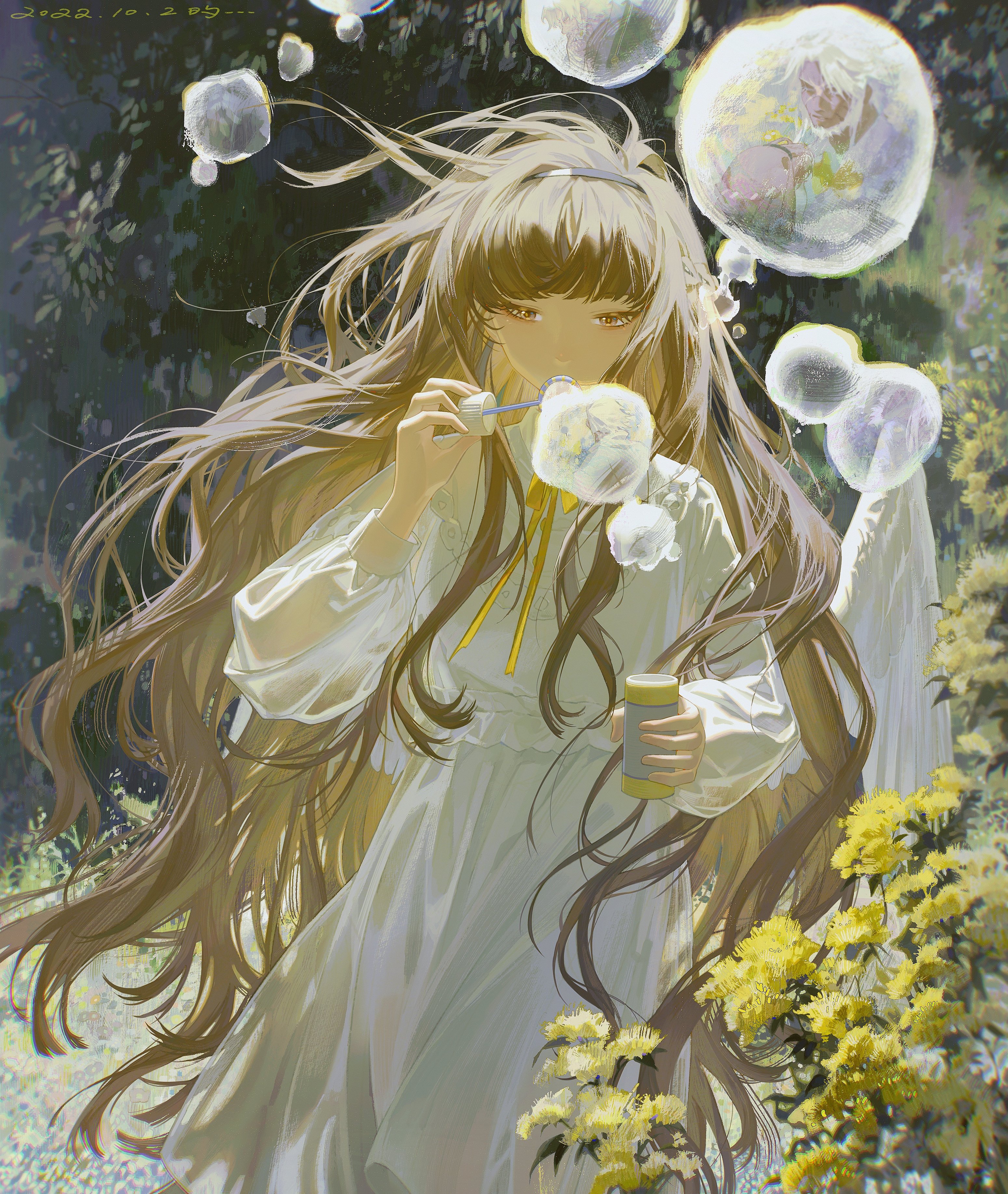 the image depicts a young anime girl with long brown hair blowing bubbles in a sunlit forest. she is wearing a white dress and has an ethereal, dreamy expression. the forest is filled with yellow flowers and the air is filled with bubbles, creating a magical and whimsical atmosphere. the girl's eyes are closed as she focuses on blowing the bubbles. the overall image evokes a sense of peace and tranquility.