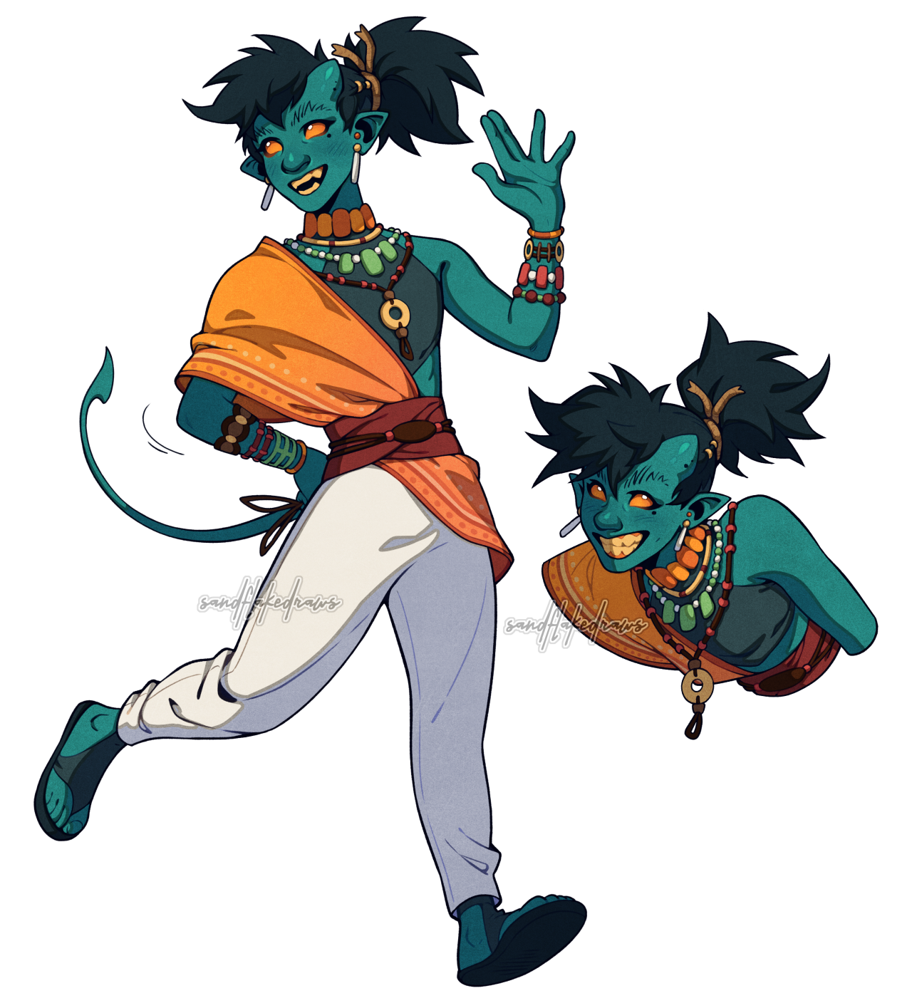 a friendly tealskinned tiefling woman with dark hair in a high ponytail waves at the viewer. she has large horns, orange eyes with slitted black pupils, and sharp teeth bared in a wide grin. she wears an orange top, white pants, and lots of jewelry, including beaded necklaces and bracelets. a threequarter view of her from the waist up is included to her right. the background is white.