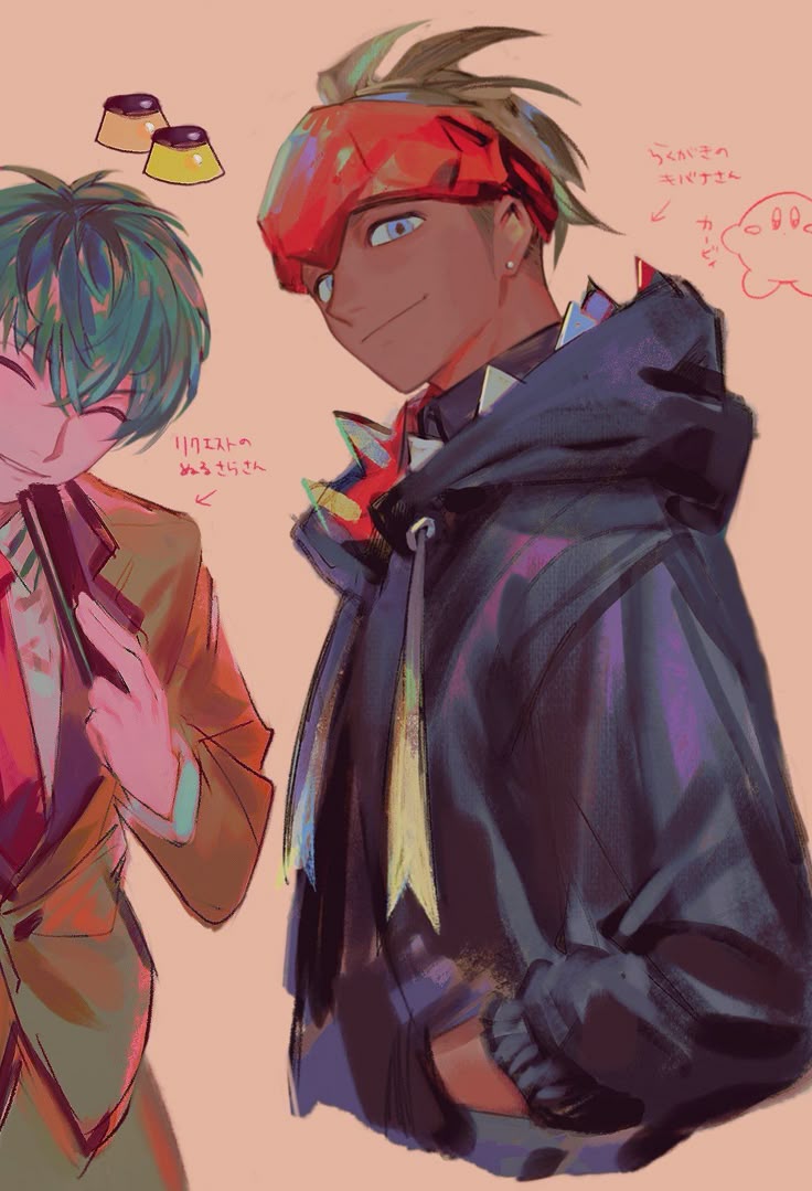 the image is a digital artwork in anime style featuring two male characters. one has dark skin, a red bandana, and spiky hair wearing a dark blue hoodie, while the other has green hair and is wearing a school uniform. there are additional elements such as pudding, a kirby doodle, and japanese text. the overall composition is colorful with a light background.