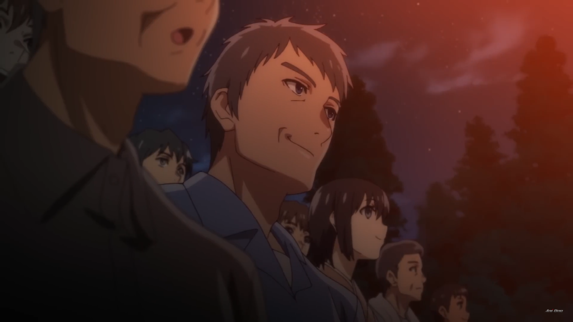 a screenshot from an anime depicting a group of people looking up at something in the distance at night. the scene is lit by a red light source offscreen to the right, and the characters are standing in front of a forest. the perspective is from below the characters, making them appear to be looking up at a steep angle.