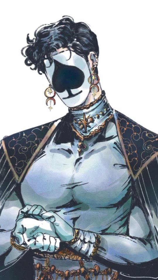 the image is a stylized portrait of a man, possibly a character from a fantasy setting or comic book. he's depicted from the chest up, with dark, slightly curly hair and a striking black and white mask shaped like a spade, a playing card symbol. he's adorned in elaborate clothing: a lightgrey or blue tunic underneath a dark, almost black cape with gold or lightcolored detailing that resembles clouds or swirling patterns.  the attire is further embellished with ornate jewelry: large, dangling earrings, a multilayered necklace with a starshaped pendant and what appears to be beaded or chained bracelets on his wrists. his hands are clasped together in front of him, and his expression, despite the mask, seems serious and somewhat mysterious. the artistic style is expressive, leaning towards a blend of painting and illustration techniques, with noticeable brushstrokes and a somewhat rough texture. the overall palette mixes dark and light tones, enhancing the dramatic effect of the composition.