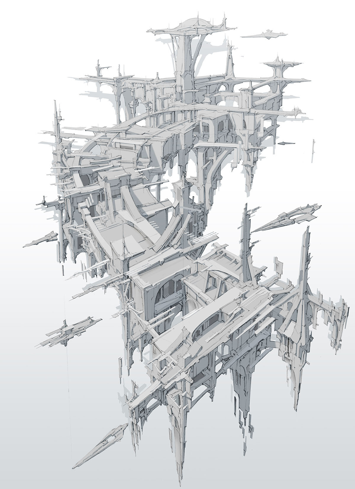the image shows a futuristic city in the sky. the city is made up of many different buildings and structures, all connected by bridges and walkways. the city is white and gray in color, and the background is a light gray. there are also a few spaceships flying around the city.