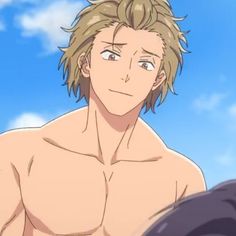 a closeup image featuring a young, muscular, blondehaired anime man from the chest up against a backdrop of blue sky and fluffy white clouds. he is shirtless, his expression serene and perhaps slightly wistful. the angle is slightly below, as if someone is looking up at him.