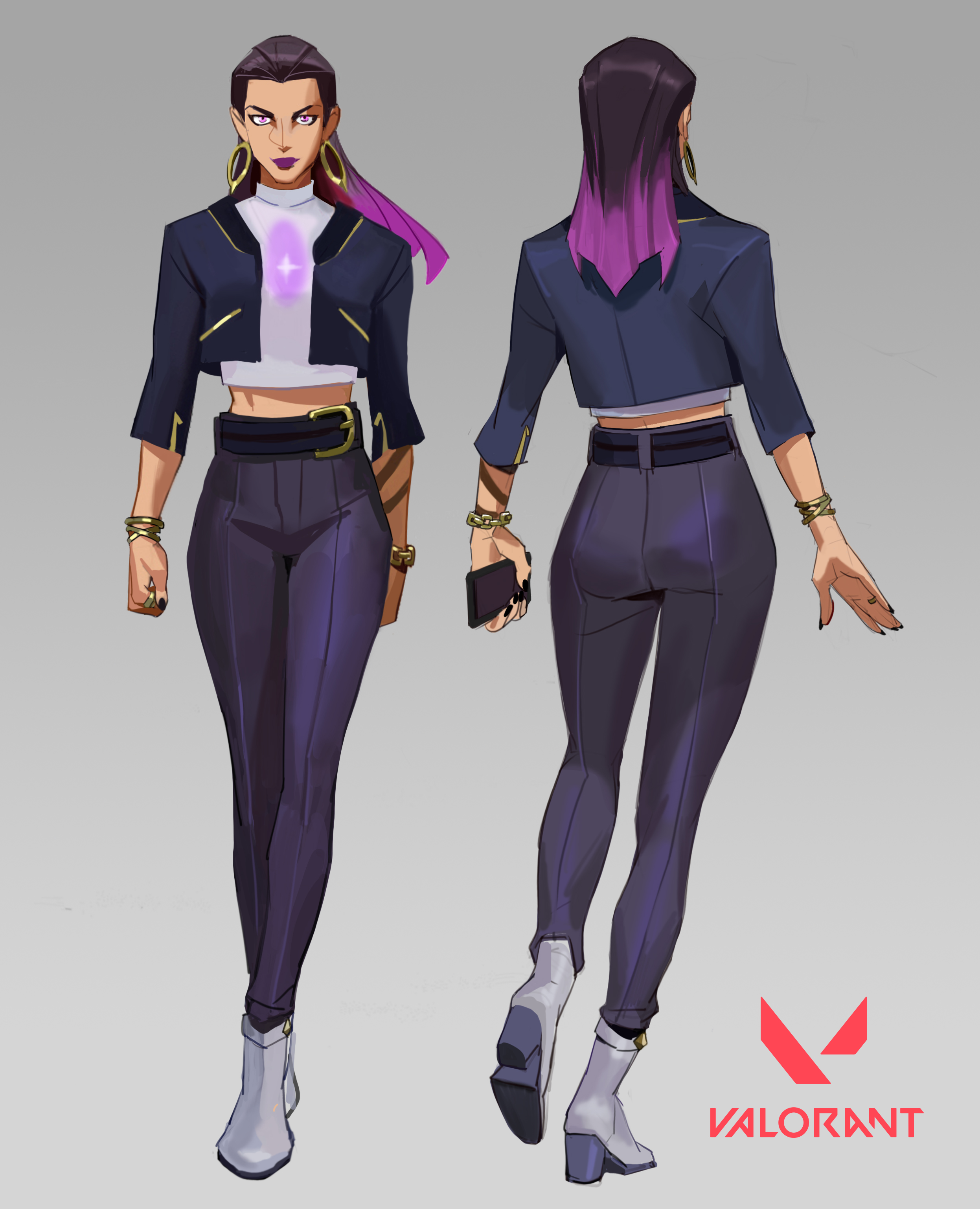the image showcases a fullbody concept art illustration of a female character from the video game valorant.  the character design is presented in both a front and back view.  she's dressed in a stylish, darkcolored outfit with purple hair accents, incorporating elements that suggest a futuristic or cyberpunk aesthetic. the character wears a cropped jacket, highwaisted pants, boots, and various accessories like jewelry. a valorant logo is present in the bottom right corner. the art style is vibrant and stylized, emphasizing fashion and character details.