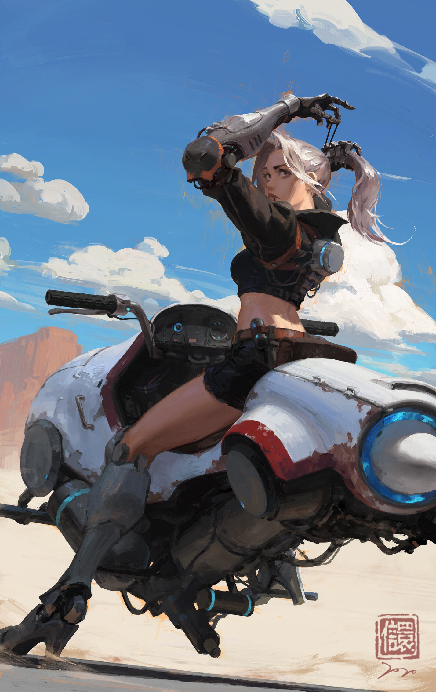 the artwork depicts a young woman with a robotic arm, riding a futuristic motorcycle in a desert setting. the sky is bright blue with fluffy white clouds. the woman has long, light gray hair pulled back into a ponytail, and she's wearing a dark top and short pants. her robotic arm is clearly visible, and she appears to be adjusting her hair. the motorcycle is predominantly white with red accents, and exhibits a worn, somewhat distressed look, hinting at a postapocalyptic or rugged environment. the image is a vibrant piece of digital art, rich with detail and atmospheric perspective. the artist's signature, "jayao", is subtly included in the lower right corner. the overall mood is one of action, adventure, and a slightly futuristic, yet rugged sense of freedom.