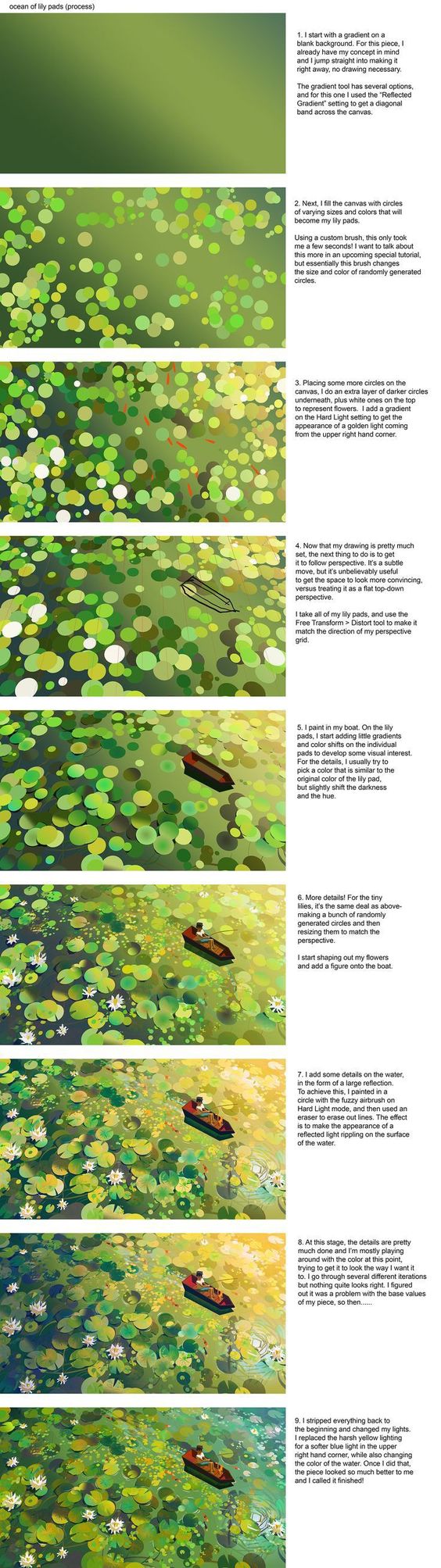 the image is a cartoon panel depicting the journey of a boat on a river surrounded by lush green nature. the perspective is from a bird's eye view, showcasing the vastness of the environment.  the lighting suggests natural daylight.