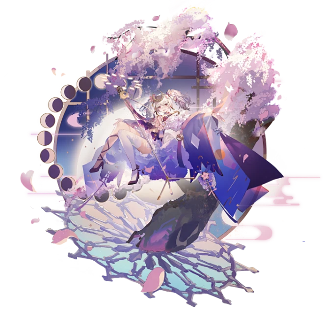 a female anime character with pale skin, long white hair, and purple eyes is depicted in an ethereal and dynamic pose against a backdrop of a night sky, cherry blossoms, and a full moon. she wears a flowing outfit with shades of purple, blue, and white, and her expression is serene. the overall aesthetic of the image is graceful and whimsical.