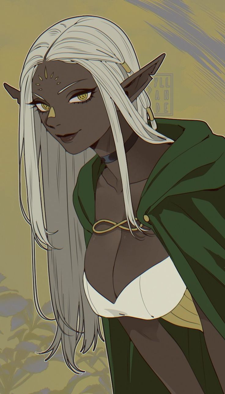 the image is a digital illustration or artwork depicting a darkskinned female elf. she has long, flowing white hair styled neatly, adorned with small gold accents. she wears a deep green cloak that drapes over her shoulders and a partially visible creamcolored or offwhite dress or bodice with hints of gold at the lower edges. her expression is confident and possibly mischievous, with a slight smirk playing on her lips.  the elf's pointed ears are clearly visible, and she possesses striking yellow eyes. her dark skin tone contrasts beautifully with her light hair and the clothing. the background is a muted yellowgreen, suggesting a natural outdoor setting. the art style is reminiscent of anime or manga illustrations with soft shading and clean lines.  a small artist watermark is faintly visible in the upper right corner.