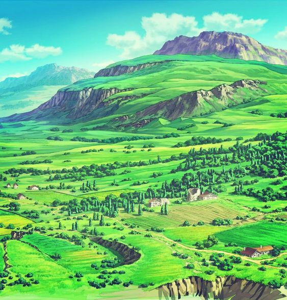 the image shows a picturesque countryside landscape. rolling green hills and fields stretch out under a bright blue sky dotted with fluffy white clouds. a small village with houses and farms nestles amidst the greenery, and a winding river cuts through the landscape. a large mountain rises in the background, adding grandeur to the serene scene.