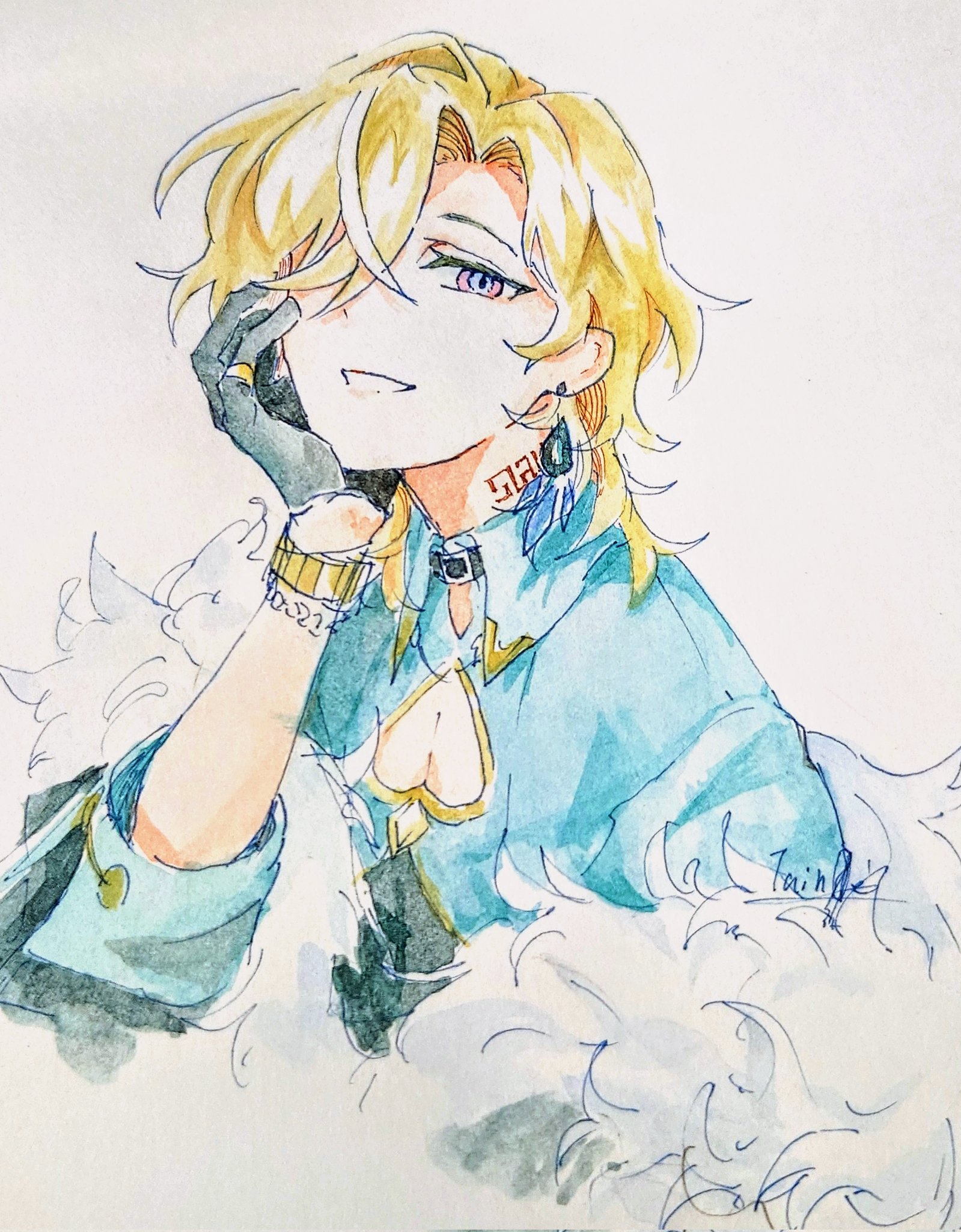 the image is a watercolor illustration of a male anime character. he has tousled blonde hair, purple eyes, and is wearing a light blue jacket with heartshaped embellishments and a fur collar. he also sports earrings, a necklace, a glove, and a cuff. the style is reminiscent of traditional anime art.