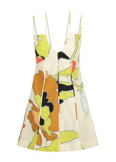 this is a white and yellow floral printed dress with thin black straps.
