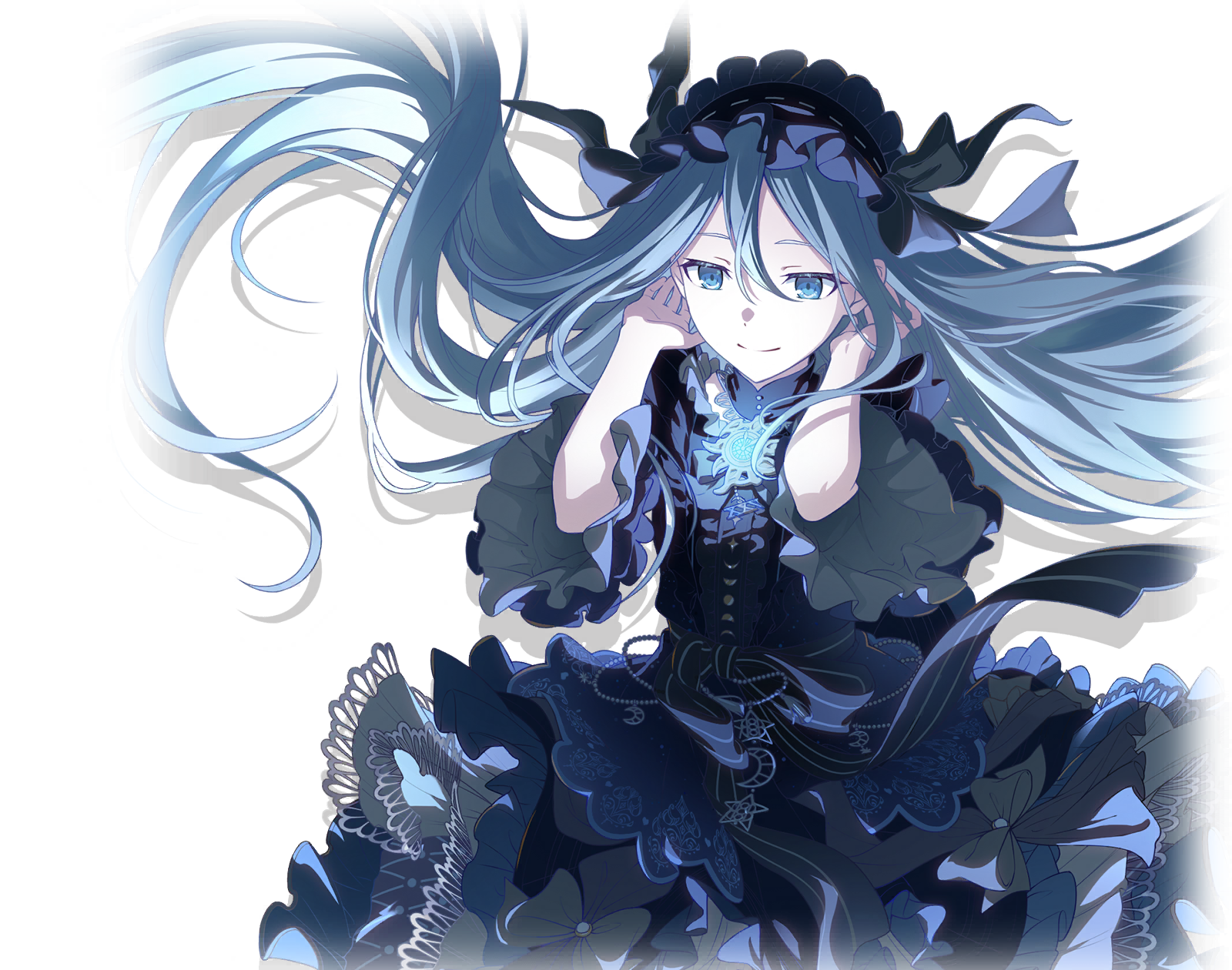 an anime girl with long blue hair and blue eyes is depicted in a portrait. she is wearing a black dress with lolita fashion elements. the background is black.