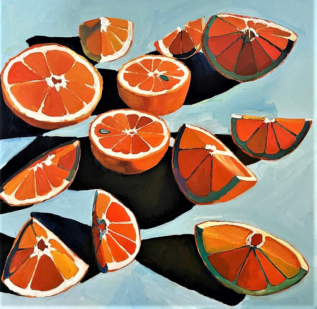the image is a painting of orange slices scattered on a blue surface, possibly a table, with shadows cast by the fruit. the painting has a vibrant color palette and captures the texture and juiciness of the oranges.