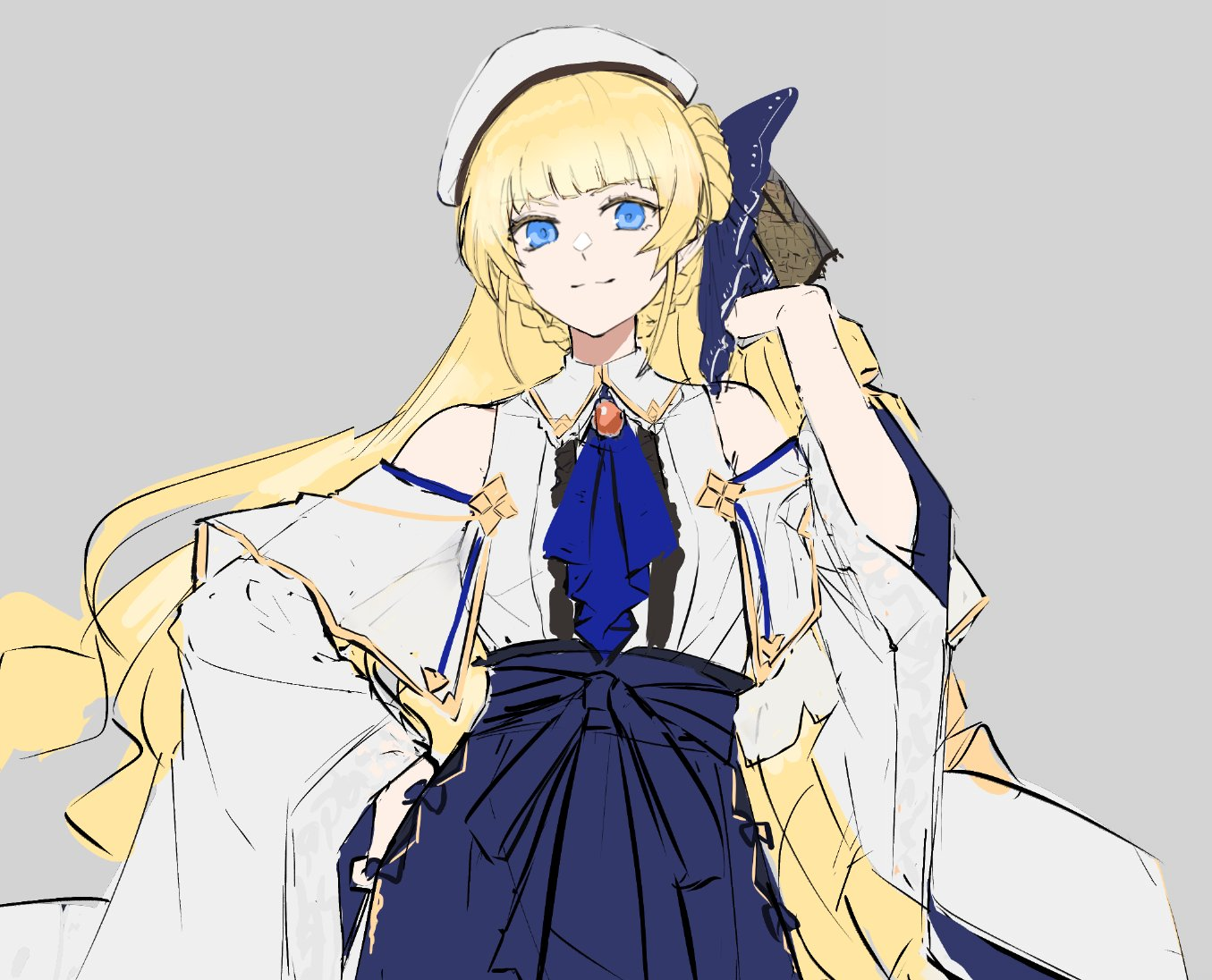 the image is a drawing of an anime girl with blonde hair and blue eyes. she is wearing a white sailorstyle dress with a blue bow. she is wearing a white hat and has long blonde hair. the image appears to be drawn in a studio setting with soft lighting. the perspective is low angle, looking up at the girl.
