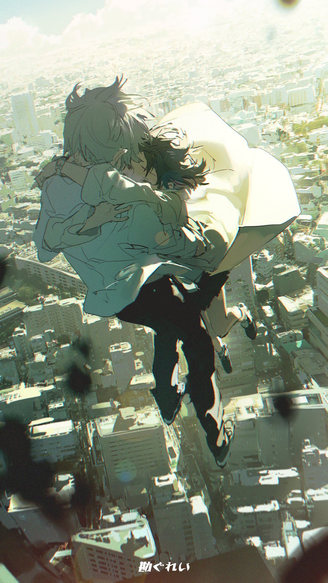 an anime image shows a couple hugging each other while falling from a building in a cityscape.