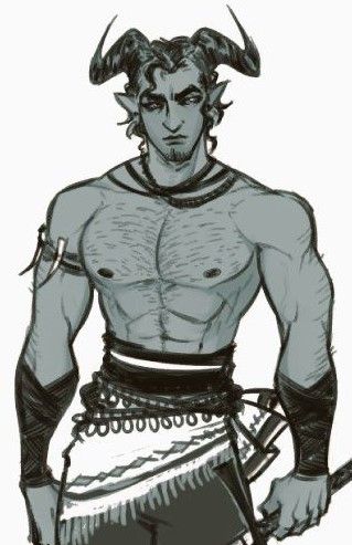 a horned man with a muscular build and grey hair is depicted in this digital drawing. the man has grey skin and is wearing a black and white outfit. the illustration is done in a grey color palette.