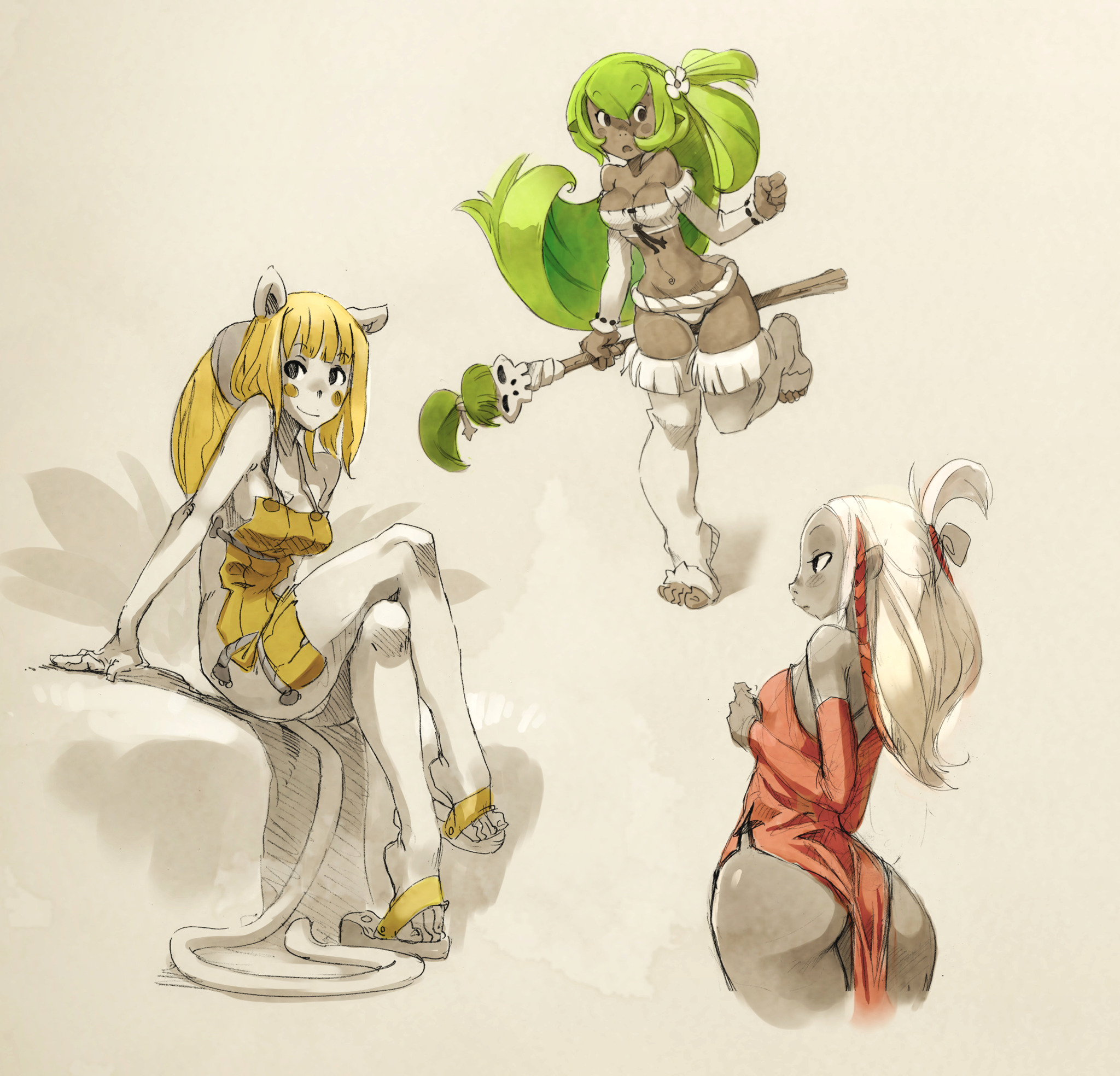 a digital illustration of three cartoon characters, a woman with yellow hair, a woman with green hair, and a woman with grey hair, posed on a cream background. they are all dressed in different styles and seem to be characters from a comic book or fantasy story.