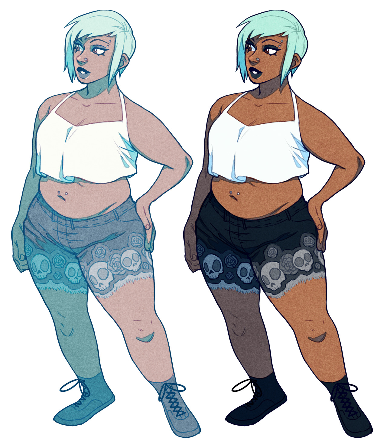 a digital illustration of a young woman with short blue hair, styled in a trendy outfit consisting of a white cropped tank top, denim shorts with skull and rose embroidery detailing, and black hightop sneakers. the illustration is presented in two versions: one with a cool color palette and the other with warmer tones.