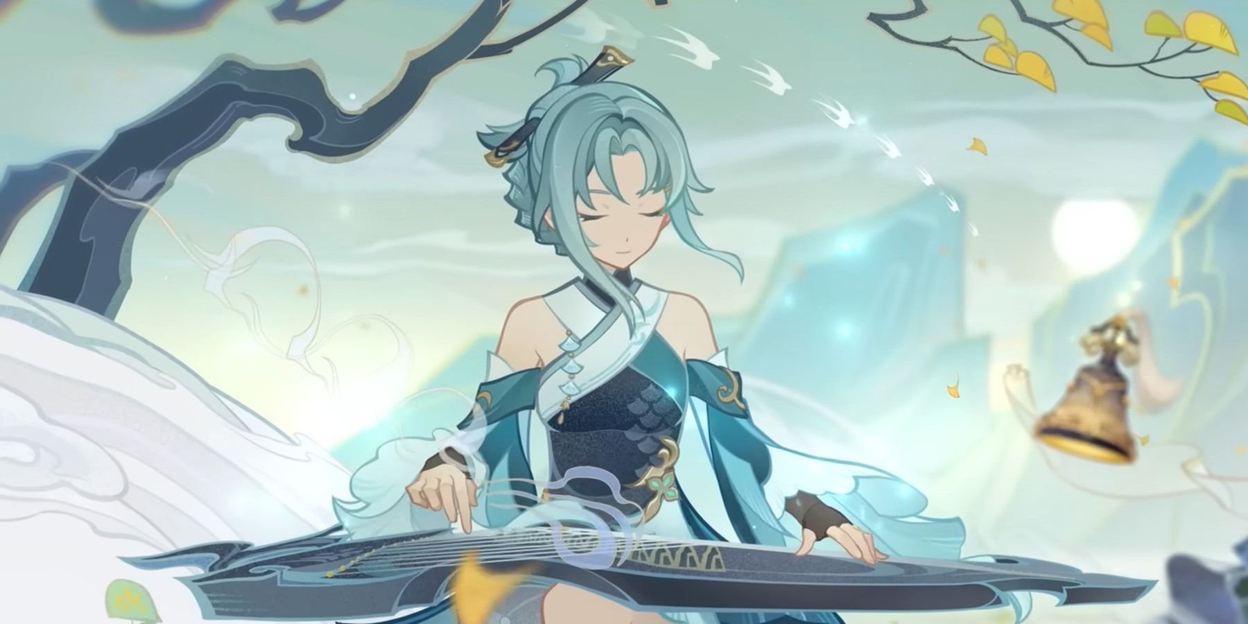 the image features an animestyle illustration of a young woman with long blue hair playing a guqin, a traditional chinese instrument, with a serene and peaceful expression. she is dressed in a flowing white and green outfit, and her hair is adorned with a delicate flower. the background is a soft, ethereal blur of clouds, leaves, and trees, creating a magical and dreamlike atmosphere. the overall impression of the image is one of beauty, grace, and tranquility. this image is reminiscent of the popular mobile game "genshin impact." the woman in the image strongly resembles the character "yae miko" from the game.