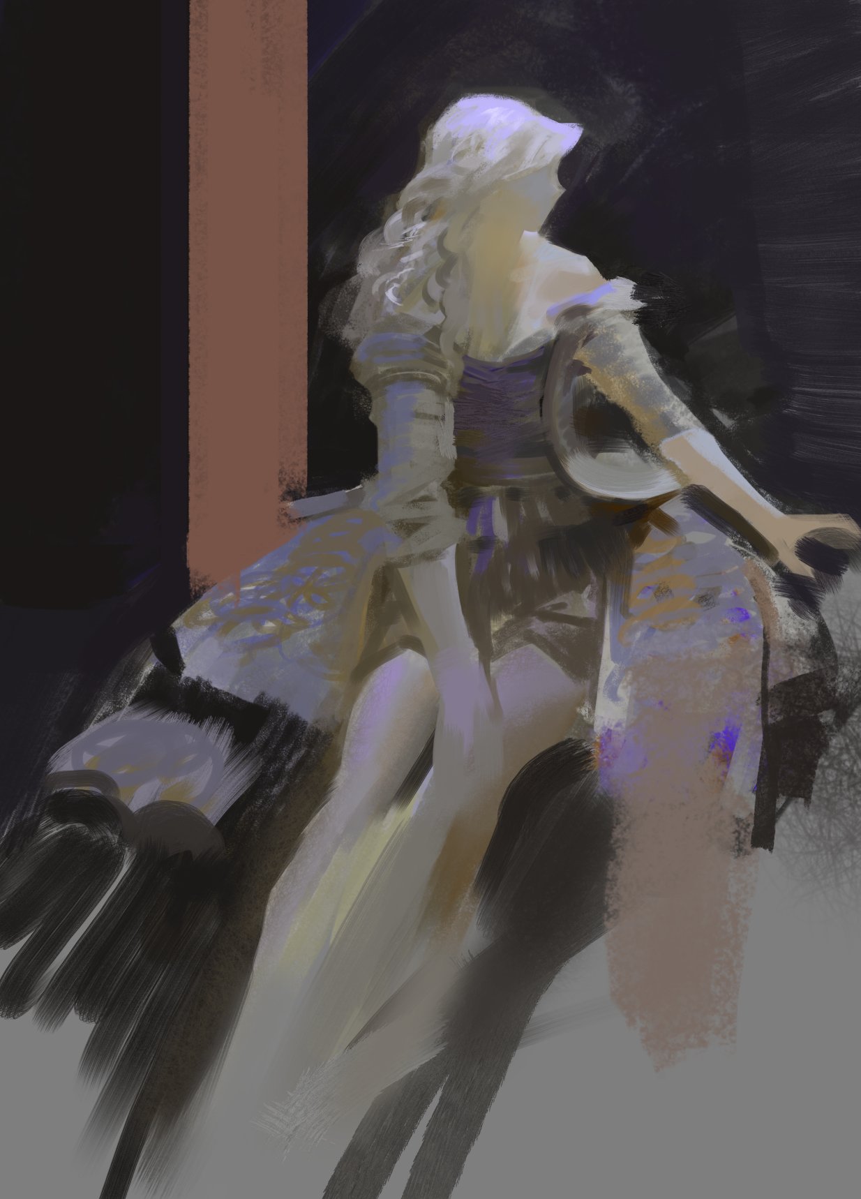 this is a digital painting of a woman in a white dress, standing in a soft, ethereal atmosphere. her white hair is flowing down her back, and her eyes are closed as if she is lost in thought. the painting is created with soft, brushstrokes and abstract shapes, and is a perfect example of digital art. it's a beautiful, romantic piece that is sure to capture the imagination. the soft light and colors create a dreamlike atmosphere, while the woman's pose and expression suggest mystery and longing.