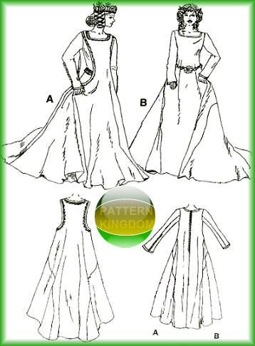 the image contains a pattern for a medievalstyle women's dress. there are two fulllength dress sketches labeled "a" and "b," along with pattern pieces for the underdress and outer dress with long sleeves. the dresses have a long skirt, long sleeves, and are designed to replicate historical clothing.