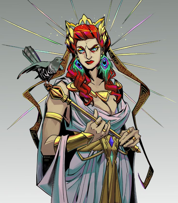 an illustration of a powerful woman, likely a goddess from greek mythology, with red hair and an ornate crown. she is wearing a long white dress and a golden sash. her jewelry is very ornate and she holds a scepter in her hand. she is surrounded by a halo of light and a dove is perched on her shoulder.