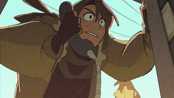 this is a digital illustration of two cartoon characters. the one in the foreground is male with brown hair, wearing a brown jacket with a scarf, a black hat, and is talking on a phone. he is holding a microphone in his hand, and he is looking towards the viewer. he is standing in a bright blue and green background with a white sky. in the background, a female character with brown hair is looking at the male character.  the background is a light blue and green color, and the sky is white.