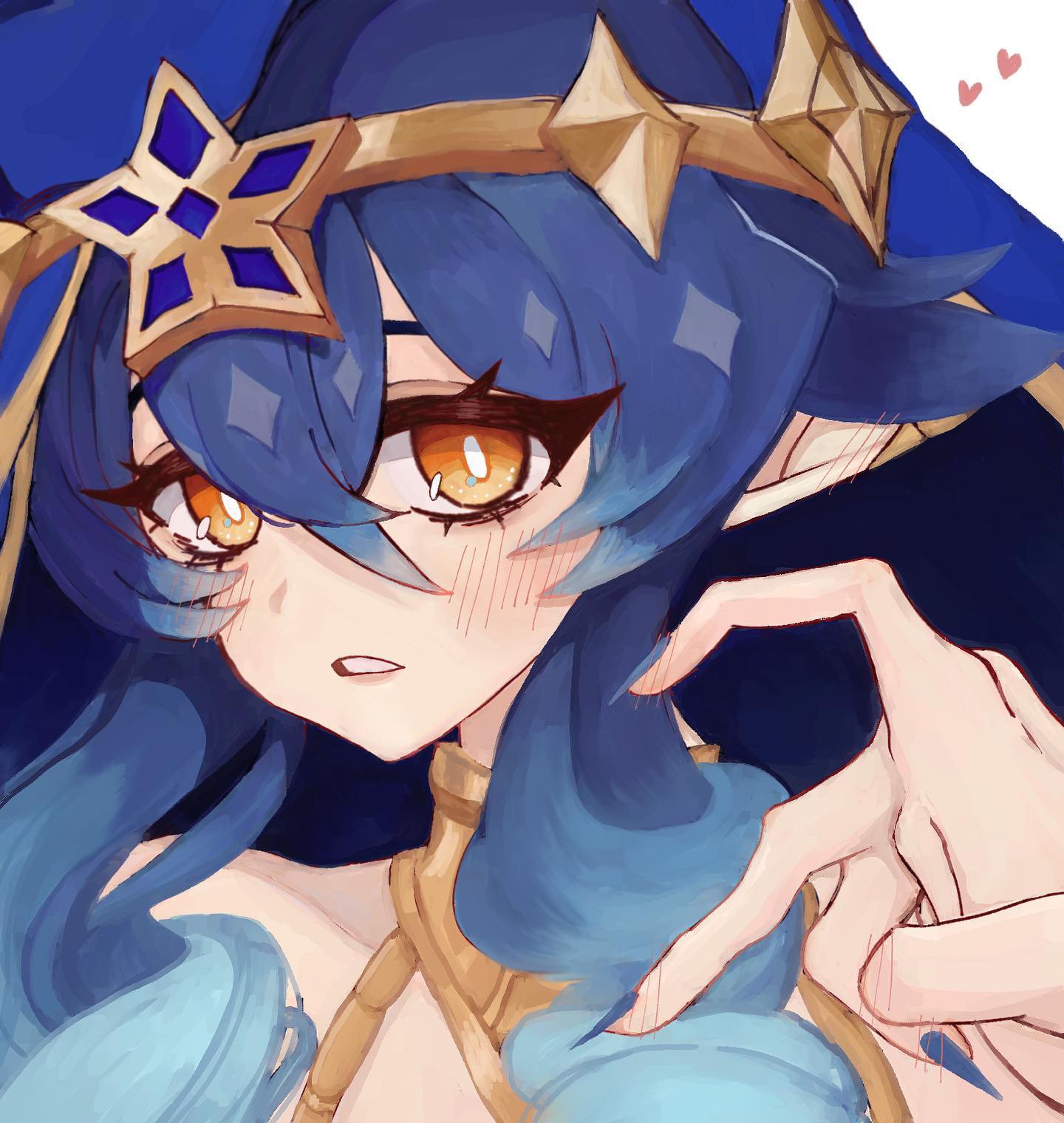 the image is a digital painting or fanart depicting a closeup portrait of an animestyle female character. she has long, vibrant blue hair, large orange eyes, and elflike ears.  she's wearing a golden crown or tiara adorned with star shapes and a blue robe or cloak. her cheeks are lightly blushed, and she's making a gentle hand gesture near her hair, possibly indicating affection or playfulness. two small hearts are subtly included in the upper right corner, enhancing the image's sweet and charming atmosphere. the overall style is soft and slightly painterly.