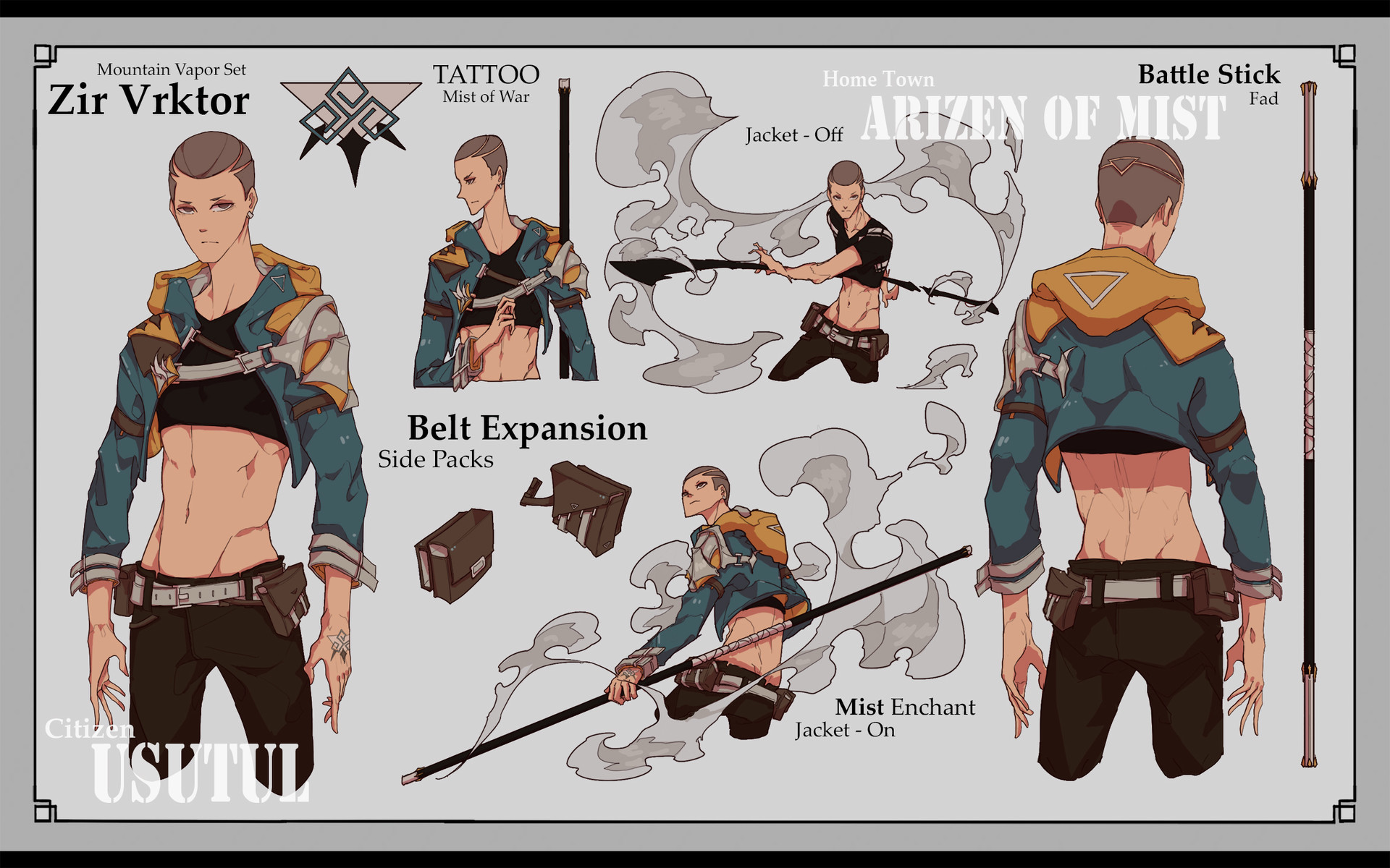 this is a character sheet for an anime character named zir vrktor. it features his different outfits and equipment, including his vapor set, tattoo, belt expansion, side packs, weapon, and his home town, arizen of mist. the sheet also details the different enchantments and other features of his character. the character is a male with blue hair and brown eyes and has a muscular build.