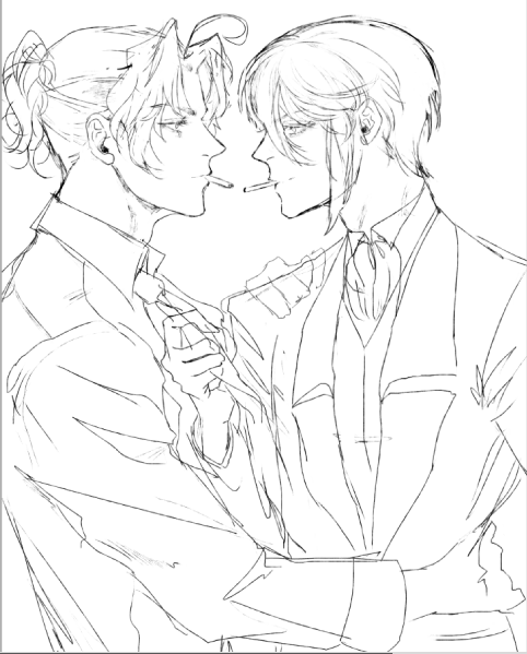 an anime sketch of two men, one holding a cigarette