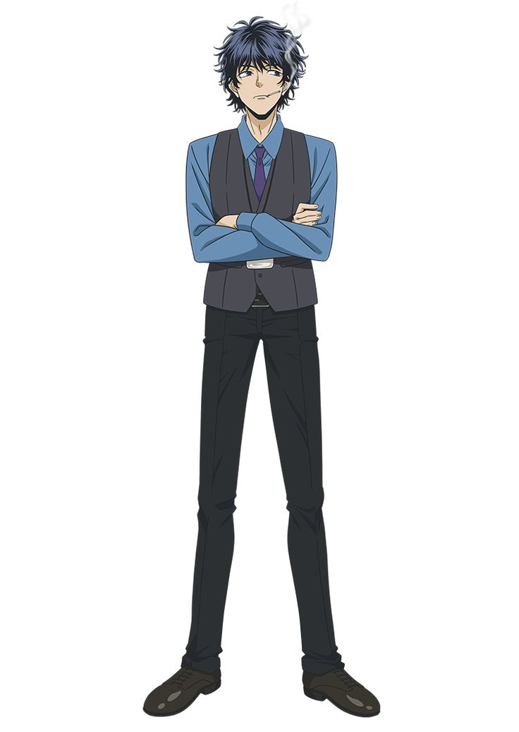 this is an anime style illustration of a male character. the character is wearing a suit with a blue shirt, black vest and a purple tie. he has blue hair and black eyes. the character is standing in a pose with his arms crossed. the background is plain white.