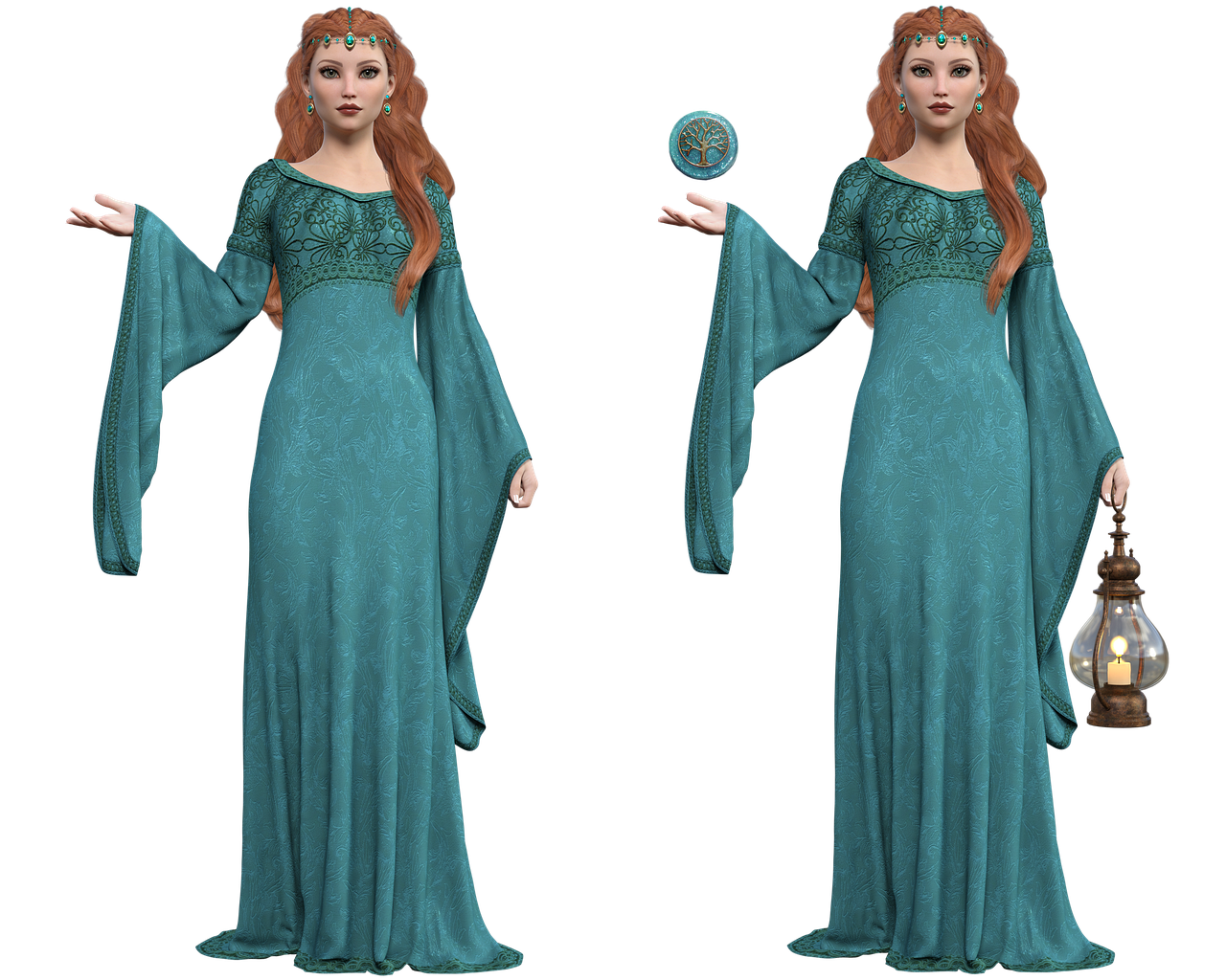 two digital art renderings of a woman in a long, teal gown with embroidered details are set against a black background. on the left, the woman holds her hand up in an open gesture. on the right, she holds a lit lantern in one hand, and a medallion hovers over the other. the woman has red hair and is wearing jewelry.