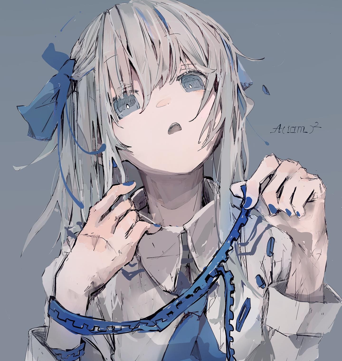 the image is a digital painting or illustration of a young anime girl with long, white hair and blue eyes. she is wearing a white collared shirt with a blue bow and tie. a blue chain is around her neck, and she appears pensive or sad. the art style is loose and painterly, with visible brush strokes and a slightly muted color palette. the overall mood is melancholic and atmospheric.