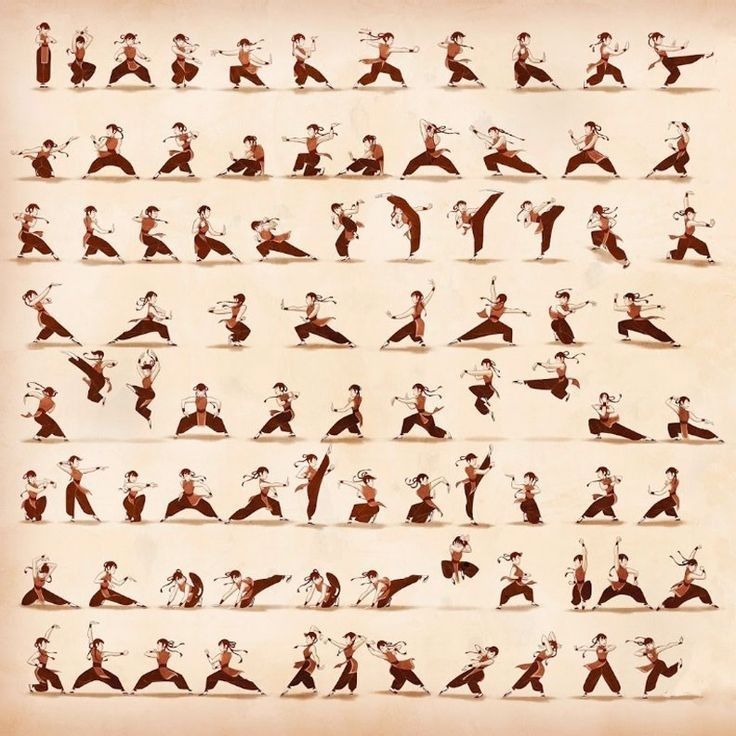 the image is an illustration of a young female character in various martial arts poses. she is drawn in a cartoon style with a brown outline and red clothing. the background is a textured paper that has a brown and white pattern to it. the poses are dynamic and energetic, showing the character's power and skill. there is a total of 75 poses, with each pose being unique and depicting a different movement of the character. there is no background other than the paper texture. the overall mood of the image is inspiring and energetic, suggesting that the character is ready for action.