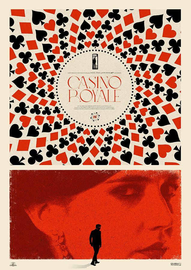 the image is a movie poster for casino royale. the top portion features a circular arrangement of playing card suits – hearts, spades, clubs, and diamonds – in red and black, surrounding the movie title "casino royale." below that, a large closeup of a woman's face, colored in red, with a silhouette of a man in a suit walking towards her. the overall color palette is red, black, and beige.