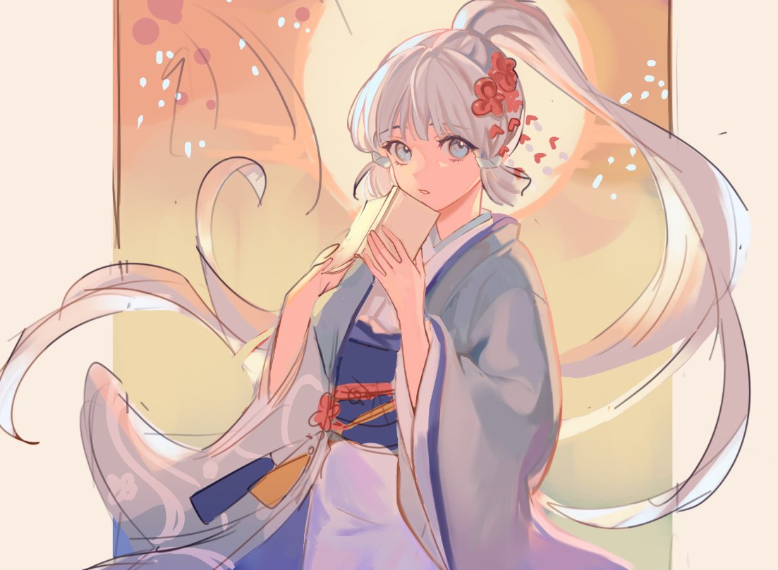 the image is of a beautiful anime girl with long white hair, wearing a light blue and white kimono. she is holding a book in her hands and smiling as she looks off to the side. the background is a soft orange and pink with white flowers scattered about. the image has a very soft and gentle feel to it.