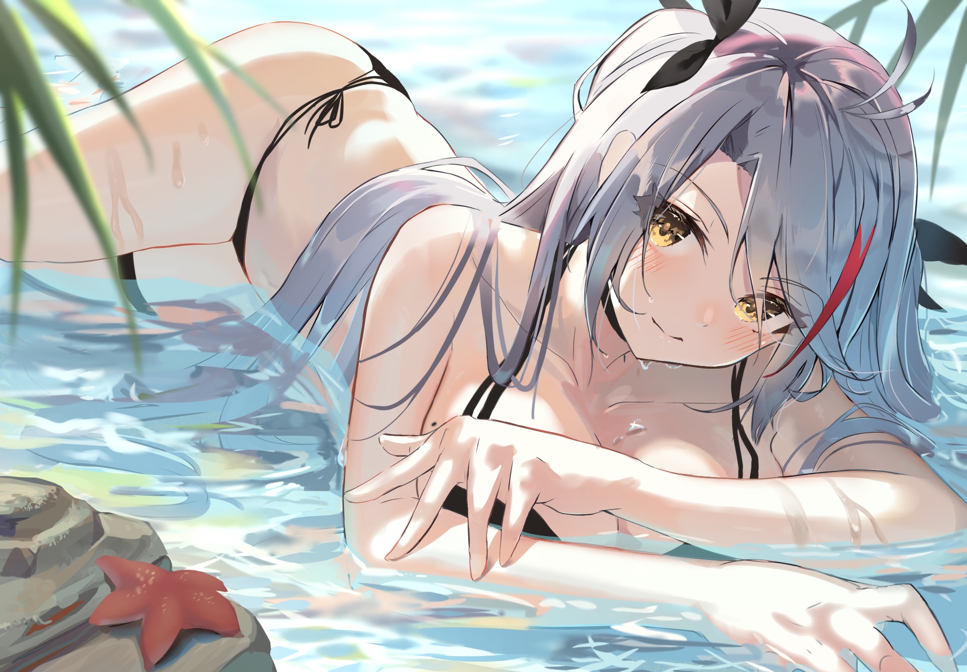 the image is an animestyle illustration of a young woman with long, gray hair in a black bikini, partially submerged in clear, shallow water. she's lying on her stomach, her upper body slightly raised, and her gaze directed towards the viewer.  her expression is gentle and serene. the setting appears to be a sunny beach, with hints of palm leaves in the background. a starfish is visible on a rock near her. the overall style is soft and suggestive, emphasizing the character's beauty and the relaxing atmosphere. the art style leans towards a more illustrative, painterly approach than a strictly graphic one.