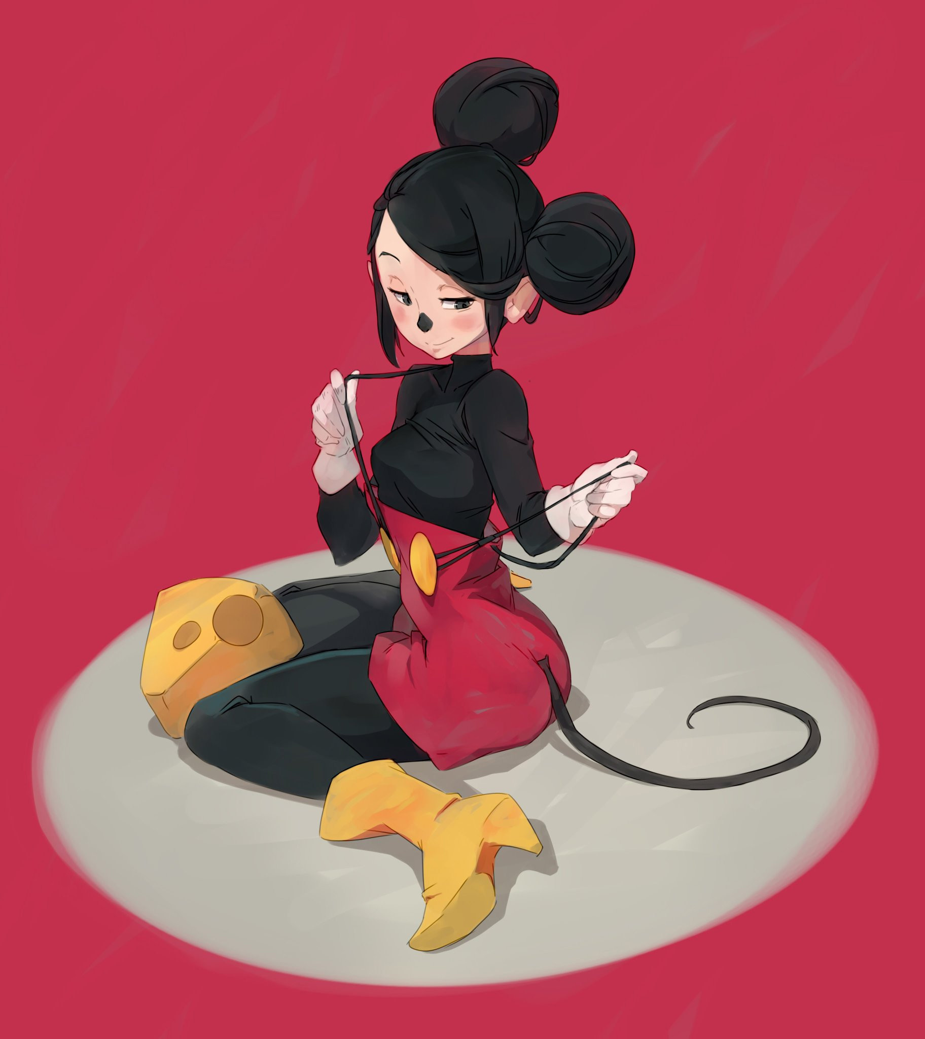 a digital illustration of a cute girl with black hair and yellow shoes in a mickey mouse outfit. she is sitting on a white surface smiling at the viewer. the background is red and she has a playful expression on her face. she looks like she is about to pull the mickey mouse ears off her head.